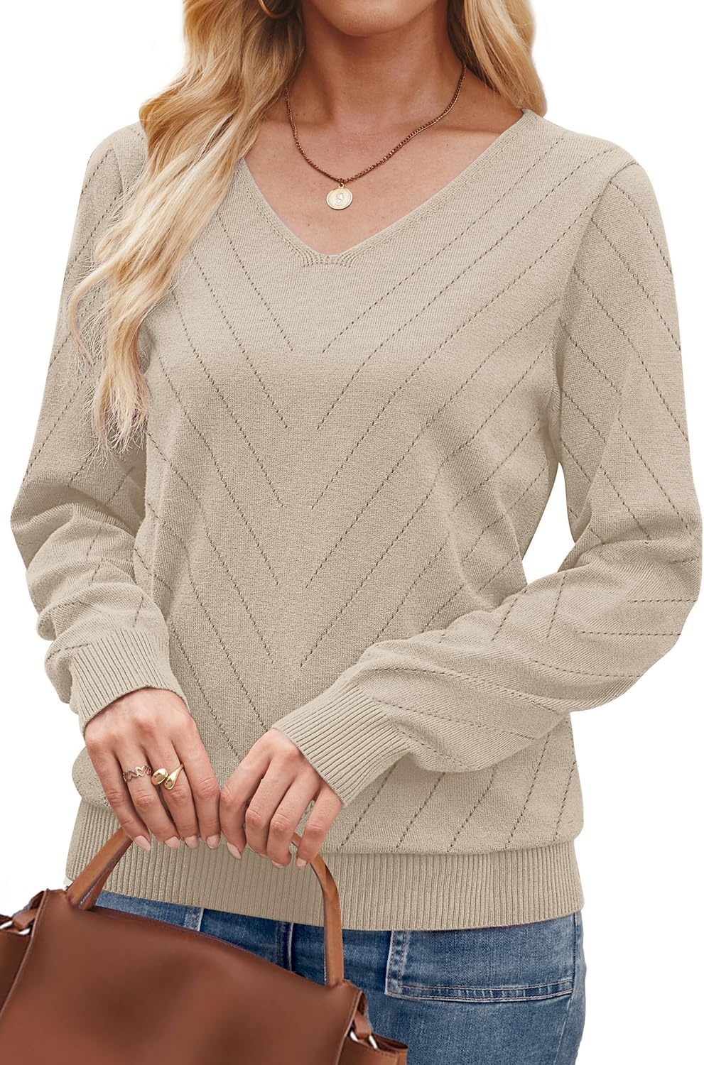 image:imageWIHOLL Sweaters for Women V Neck Casual Knit Long Sleeve Tops Lightweight Pullover Clothes Fall Fashion Outfits 2026Apricot