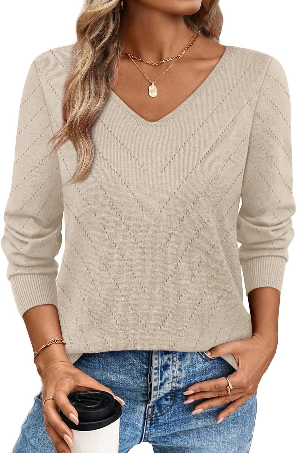 image:imageWIHOLL Sweaters for Women V Neck Casual Knit Long Sleeve Tops Lightweight Pullover Clothes Fall Fashion Outfits 2026Apricot