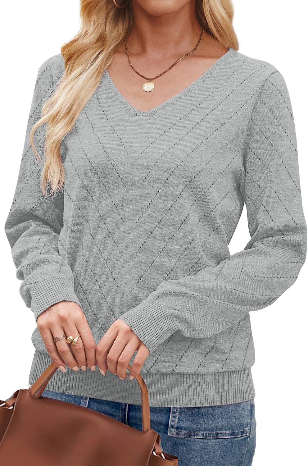 image:imageWIHOLL Sweaters for Women V Neck Casual Knit Long Sleeve Tops Lightweight Pullover Clothes Fall Fashion Outfits 2026Grey