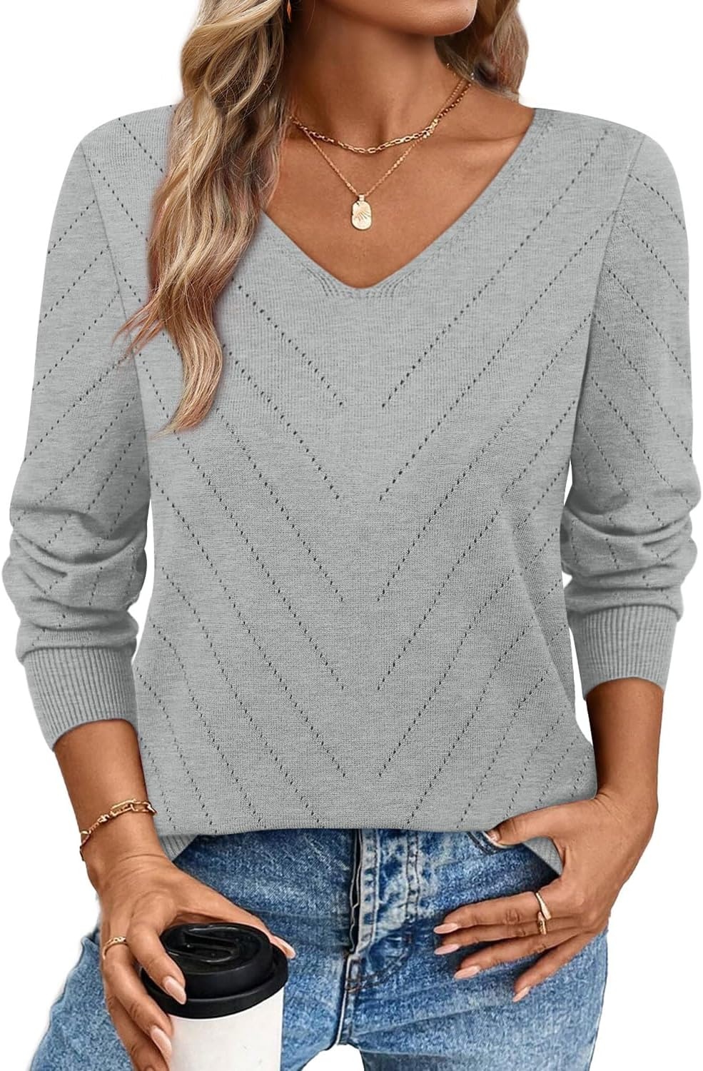 image:imageWIHOLL Sweaters for Women V Neck Casual Knit Long Sleeve Tops Lightweight Pullover Clothes Fall Fashion Outfits 2026Grey