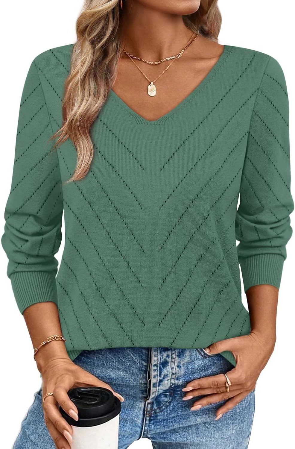 image:imageWIHOLL Sweaters for Women V Neck Casual Knit Long Sleeve Tops Lightweight Pullover Clothes Fall Fashion Outfits 2026Grey Green