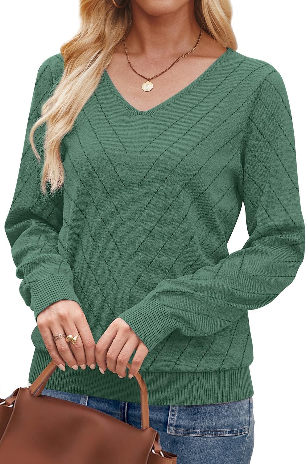 image:imageWIHOLL Sweaters for Women V Neck Casual Knit Long Sleeve Tops Lightweight Pullover Clothes Fall Fashion Outfits 2026Grey Green