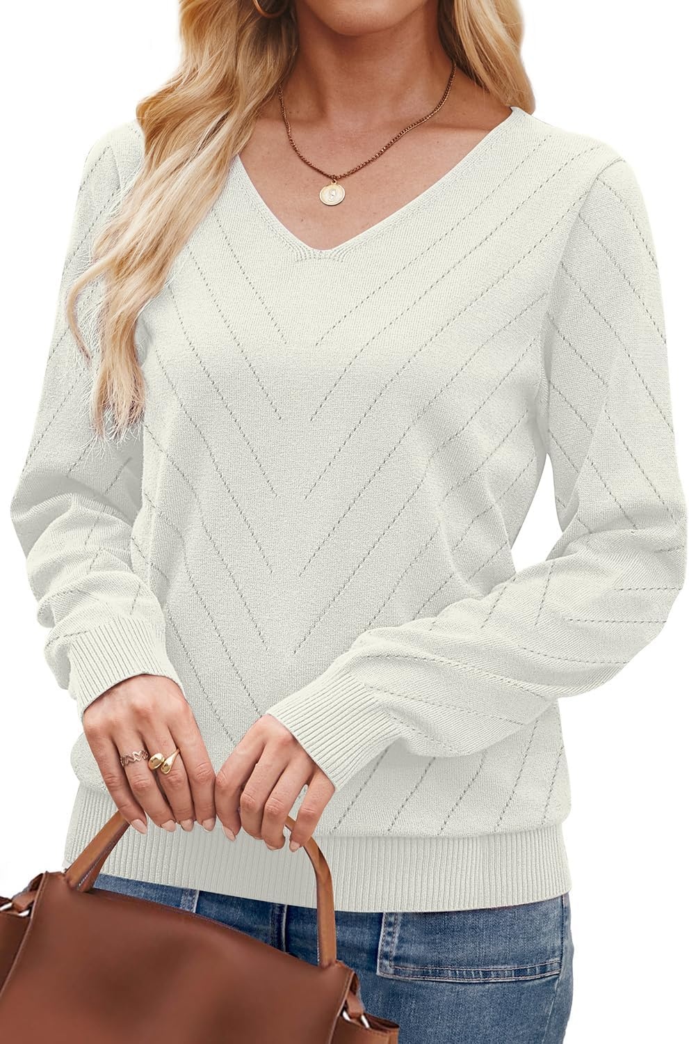 image:imageWIHOLL Sweaters for Women V Neck Casual Knit Long Sleeve Tops Lightweight Pullover Clothes Fall Fashion Outfits 2026White