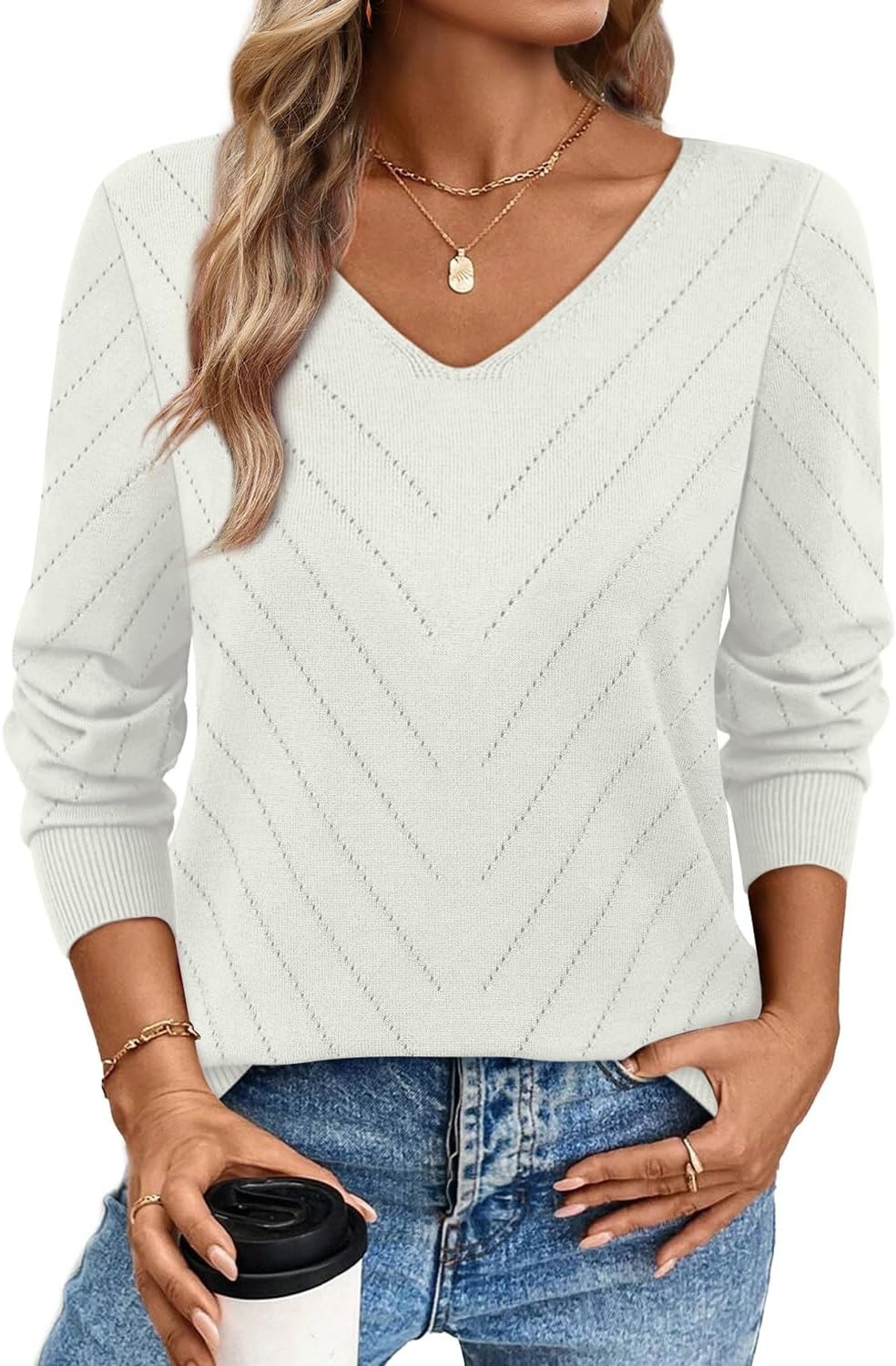 image:imageWIHOLL Sweaters for Women V Neck Casual Knit Long Sleeve Tops Lightweight Pullover Clothes Fall Fashion Outfits 2026White