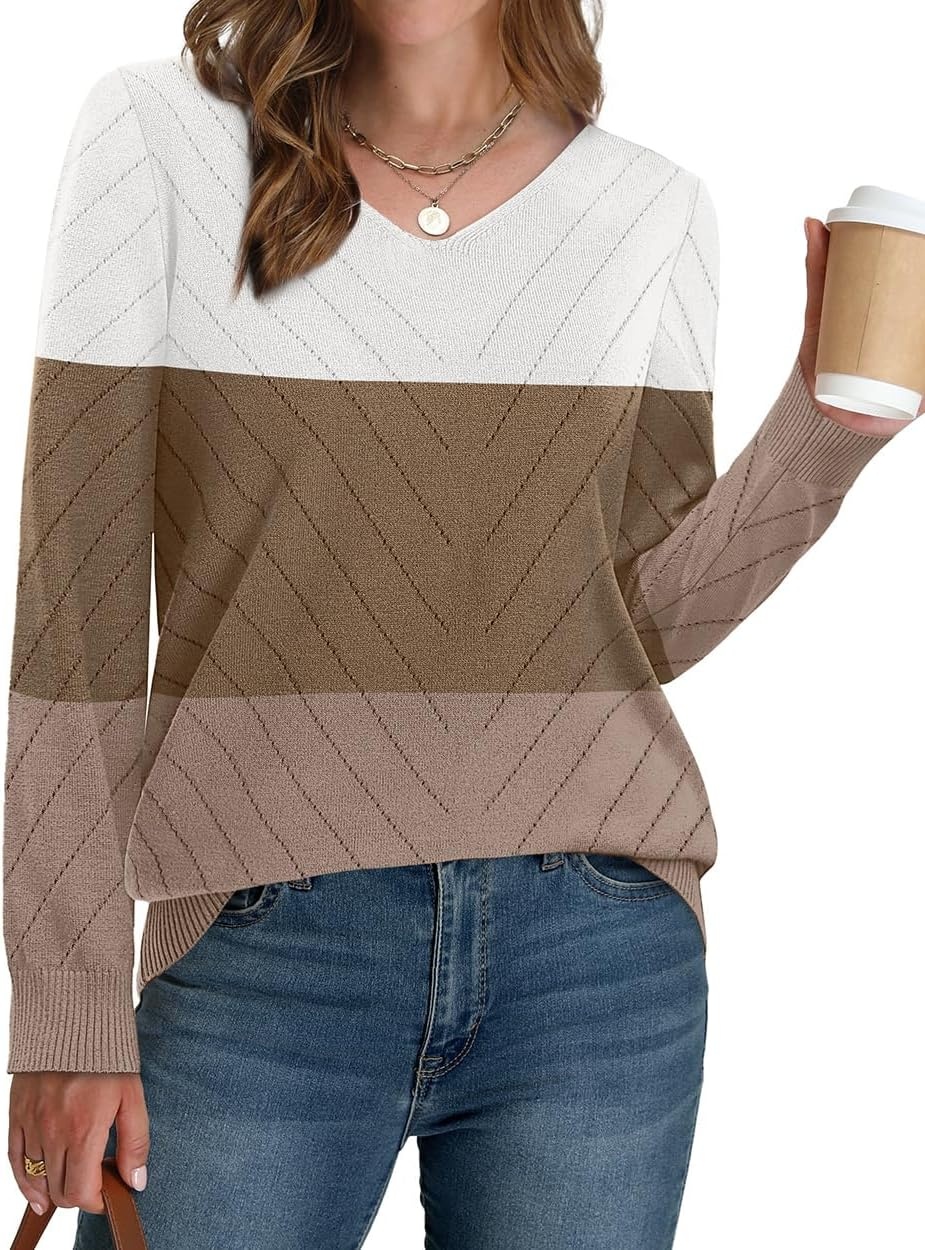 image:imageWIHOLL Sweaters for Women V Neck Casual Knit Long Sleeve Tops Lightweight Pullover Clothes Fall Fashion Outfits 2026White Brown Khaki