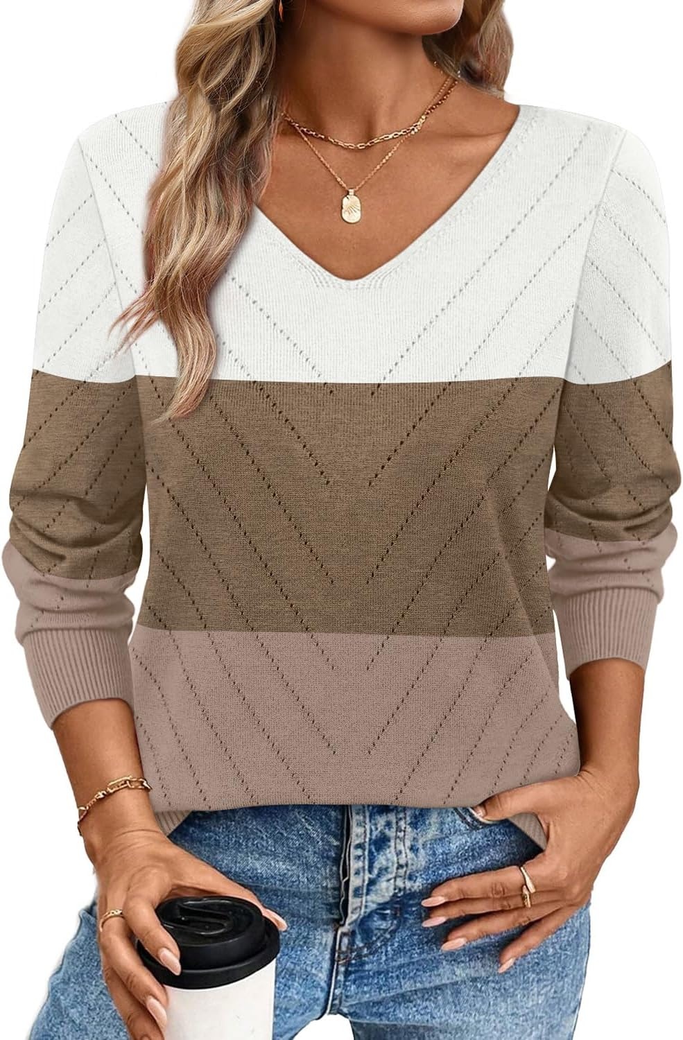 image:imageWIHOLL Sweaters for Women V Neck Casual Knit Long Sleeve Tops Lightweight Pullover Clothes Fall Fashion Outfits 2026White Brown Khaki