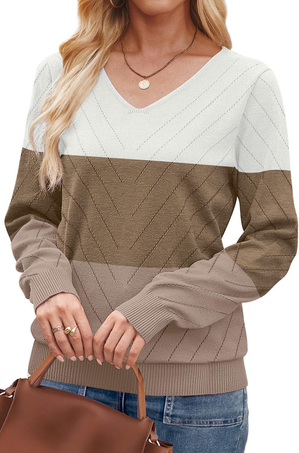 image:imageWIHOLL Sweaters for Women V Neck Casual Knit Long Sleeve Tops Lightweight Pullover Clothes Fall Fashion Outfits 2026White Brown Khaki