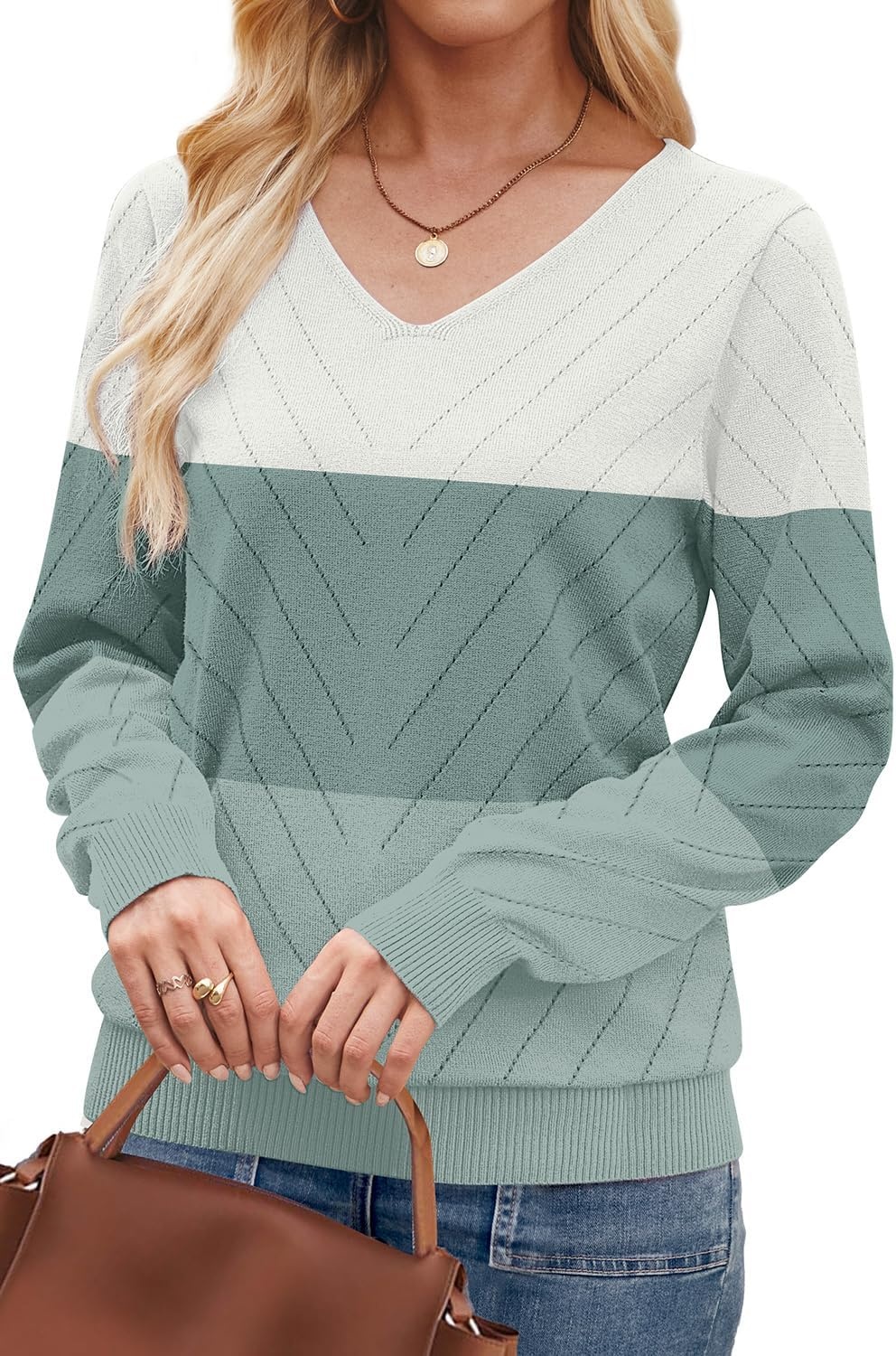 image:imageWIHOLL Sweaters for Women V Neck Casual Knit Long Sleeve Tops Lightweight Pullover Clothes Fall Fashion Outfits 2026White Green Mint