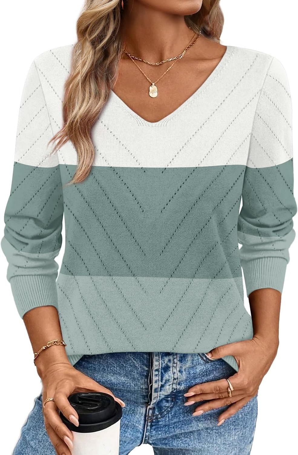 image:imageWIHOLL Sweaters for Women V Neck Casual Knit Long Sleeve Tops Lightweight Pullover Clothes Fall Fashion Outfits 2026White Green Mint