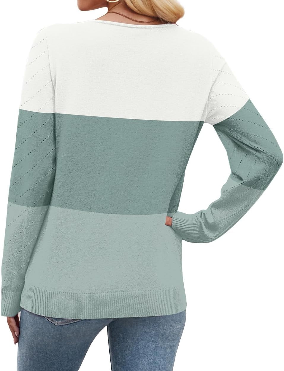 image:imageWIHOLL Sweaters for Women V Neck Casual Knit Long Sleeve Tops Lightweight Pullover Clothes Fall Fashion Outfits 2026White Green Mint