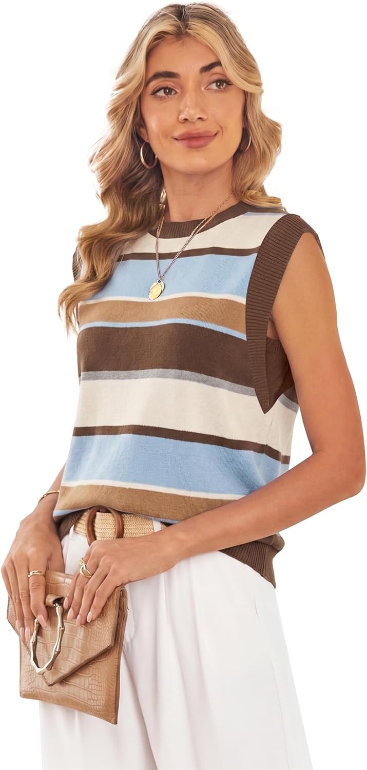 image:imageWIHOLL Tank Tops for Women Summer Lightweight Sweater Fashion Clothing Crew Neck T Shirts Cap Sleeve Business Casual OutfitBrown Blue Stripes