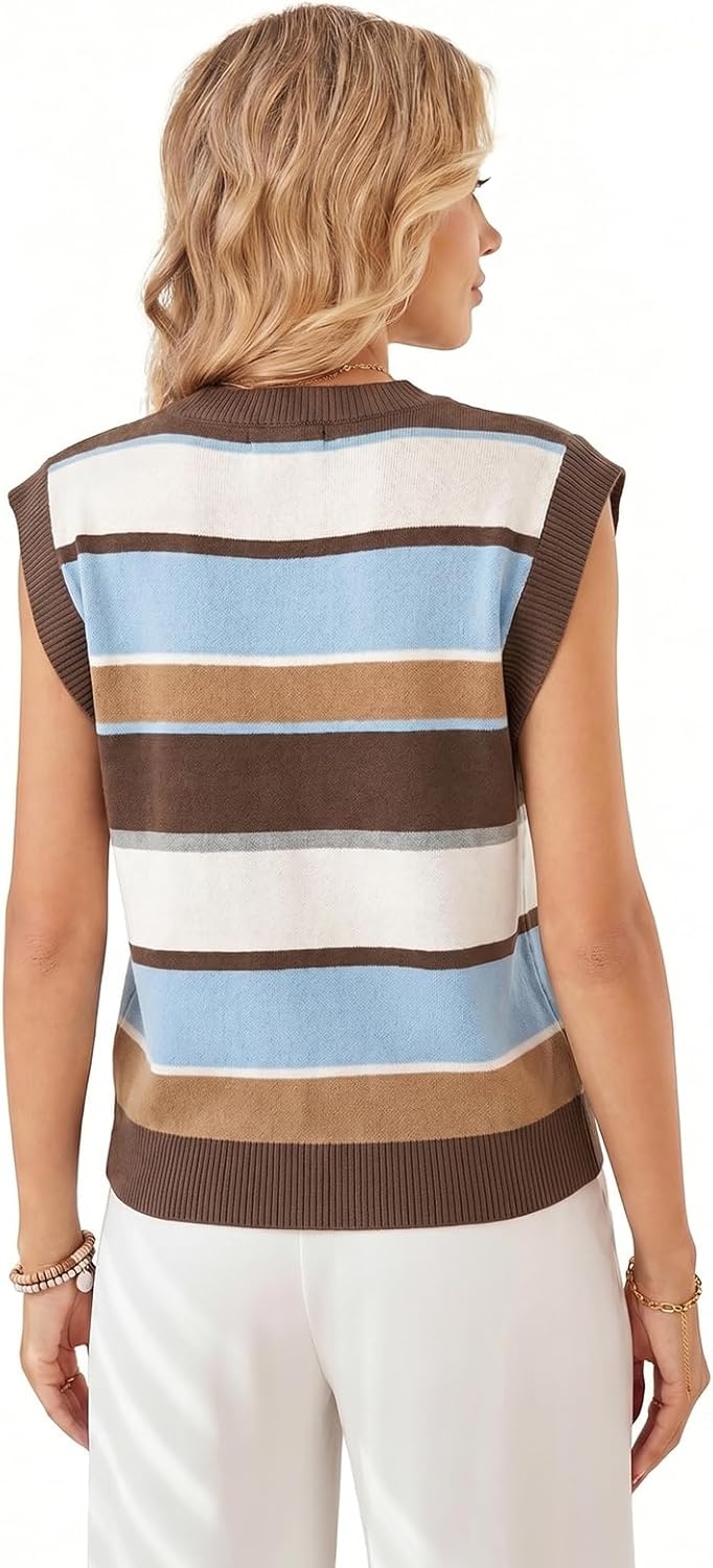 image:imageWIHOLL Tank Tops for Women Summer Lightweight Sweater Fashion Clothing Crew Neck T Shirts Cap Sleeve Business Casual OutfitBrown Blue Stripes