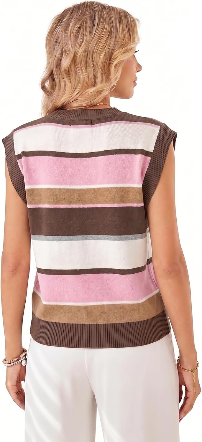image:imageWIHOLL Tank Tops for Women Summer Lightweight Sweater Fashion Clothing Crew Neck T Shirts Cap Sleeve Business Casual OutfitBrown Pink Stripes