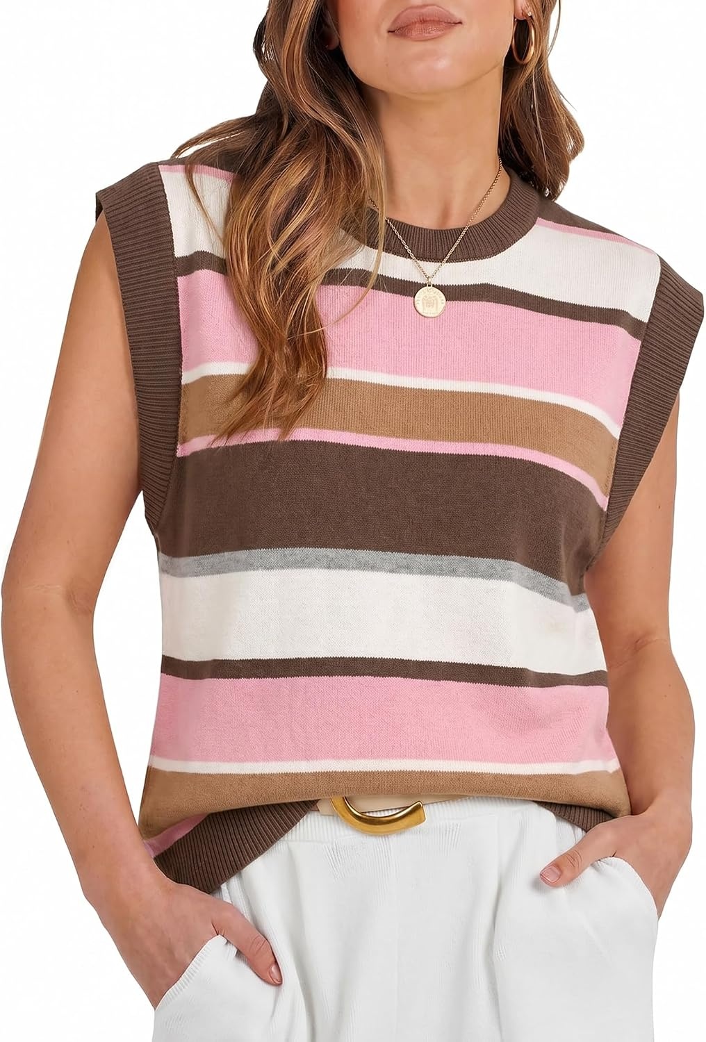 image:imageWIHOLL Tank Tops for Women Summer Lightweight Sweater Fashion Clothing Crew Neck T Shirts Cap Sleeve Business Casual OutfitBrown Pink Stripes