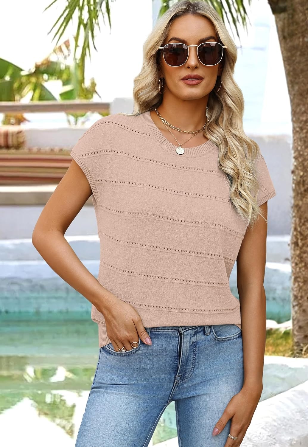 image:imageWIHOLL Womens Lightweight Sweater Spring Summer Fall Outfits Cap Sleeve Hollow Out Knit Fashion Clothing 2026Apricot
