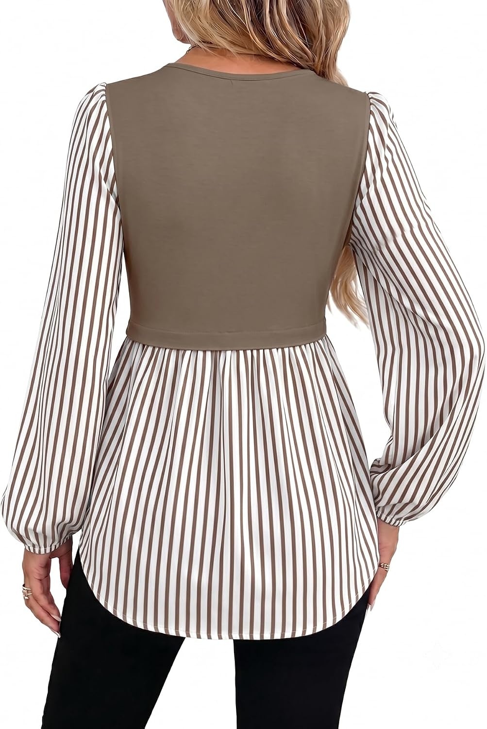 image:imageWIHOLL Womens Long Sleeve Tunic Tops Crew Neck Babydoll Peplum Blouses Fall Fashion 2026Coffee Striped