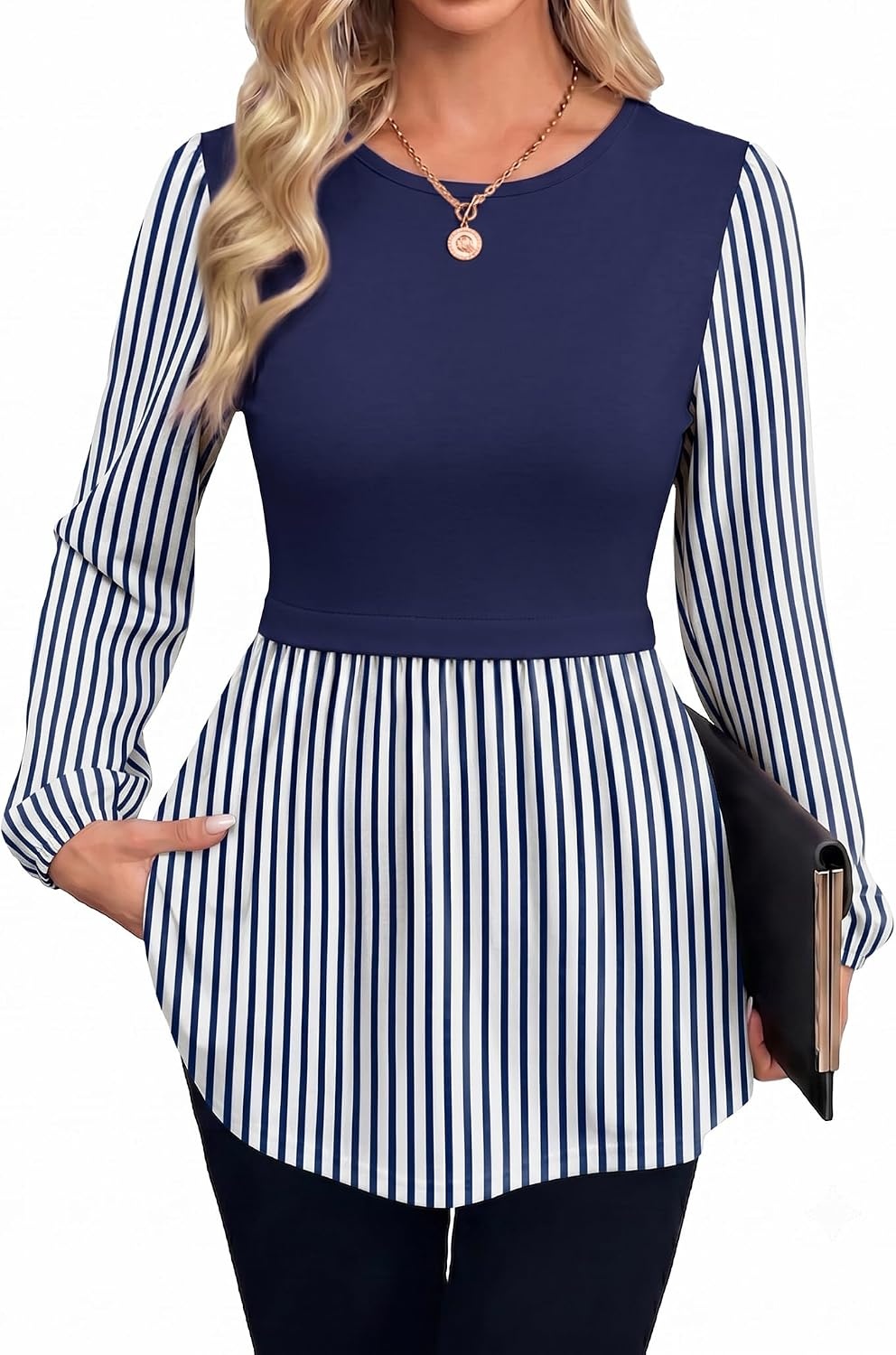 image:imageWIHOLL Womens Long Sleeve Tunic Tops Crew Neck Babydoll Peplum Blouses Fall Fashion 2026Navy Striped