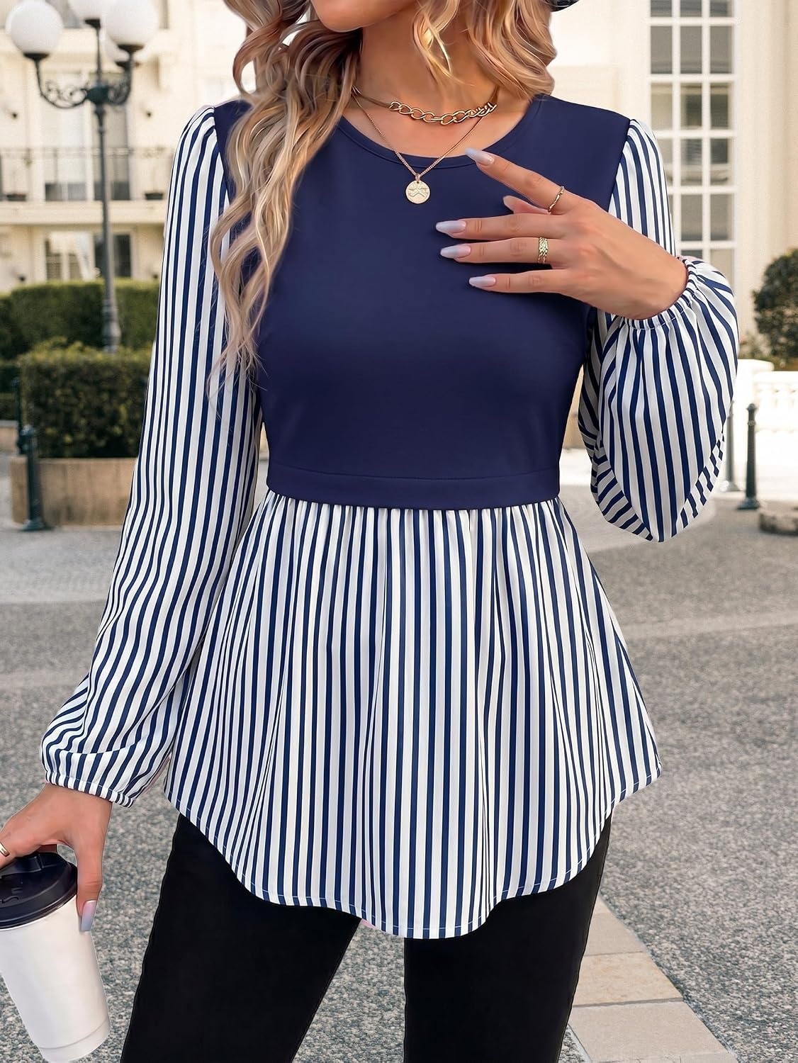 image:imageWIHOLL Womens Long Sleeve Tunic Tops Crew Neck Babydoll Peplum Blouses Fall Fashion 2026Navy Striped