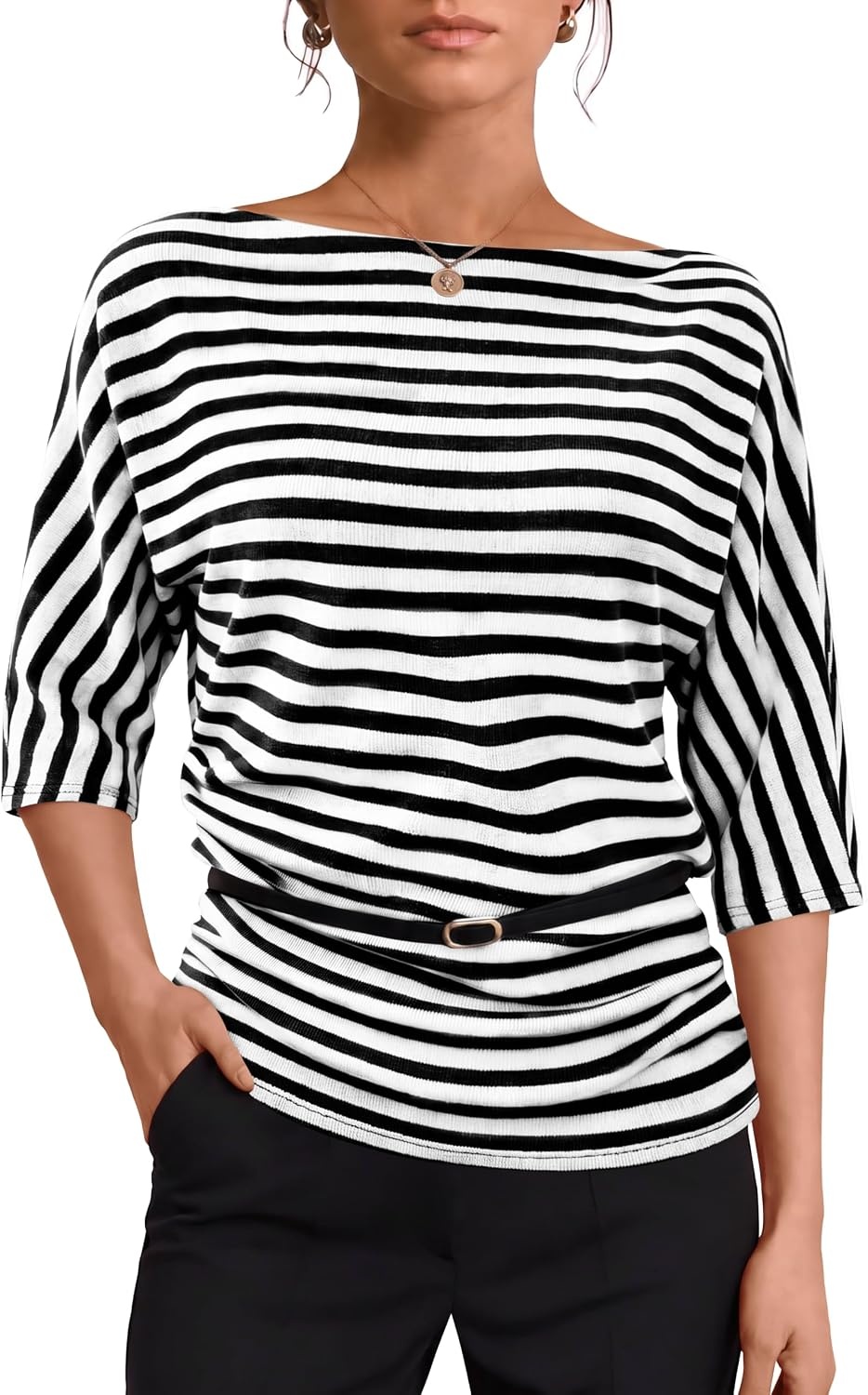 image:imageWIHOLL Womens Off the Shoulder Sweater Boat Neck 34 Sleeve Pullover Knit TopsBlack Striped