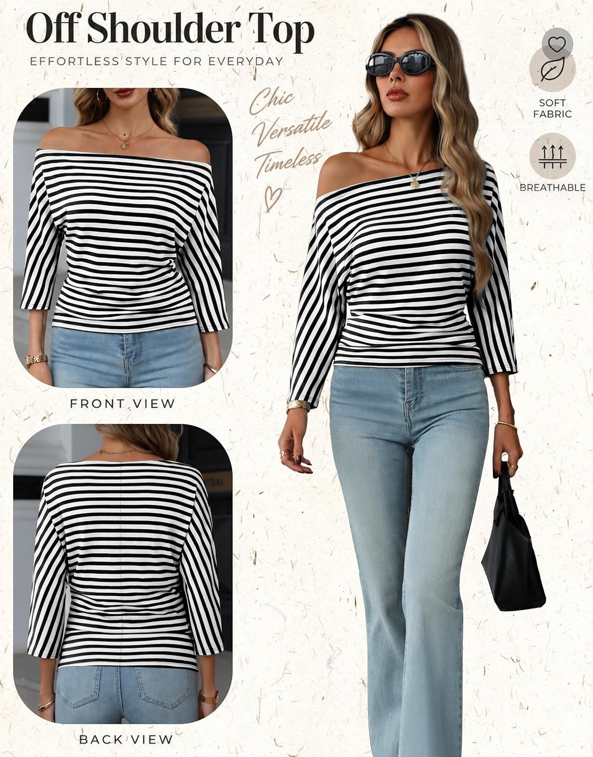 image:imageWIHOLL Womens Off the Shoulder Sweater Boat Neck 34 Sleeve Pullover Knit TopsBlack Striped