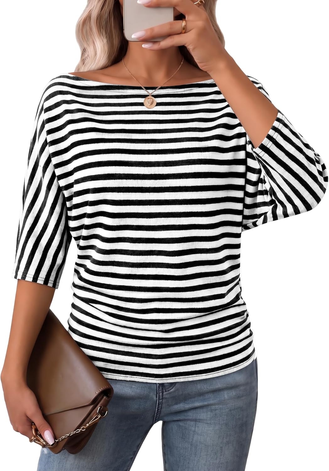 image:imageWIHOLL Womens Off the Shoulder Sweater Boat Neck 34 Sleeve Pullover Knit TopsBlack Striped