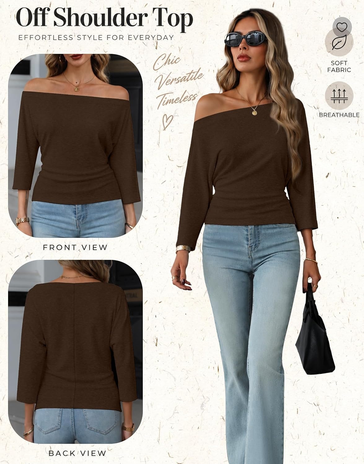 image:imageWIHOLL Womens Off the Shoulder Sweater Boat Neck 34 Sleeve Pullover Knit TopsCoffee