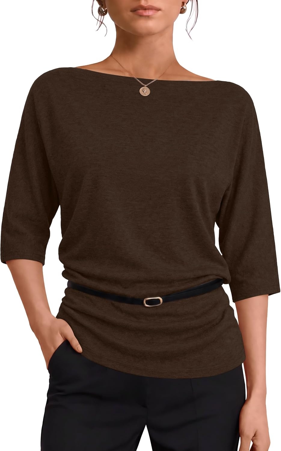 image:imageWIHOLL Womens Off the Shoulder Sweater Boat Neck 34 Sleeve Pullover Knit TopsCoffee