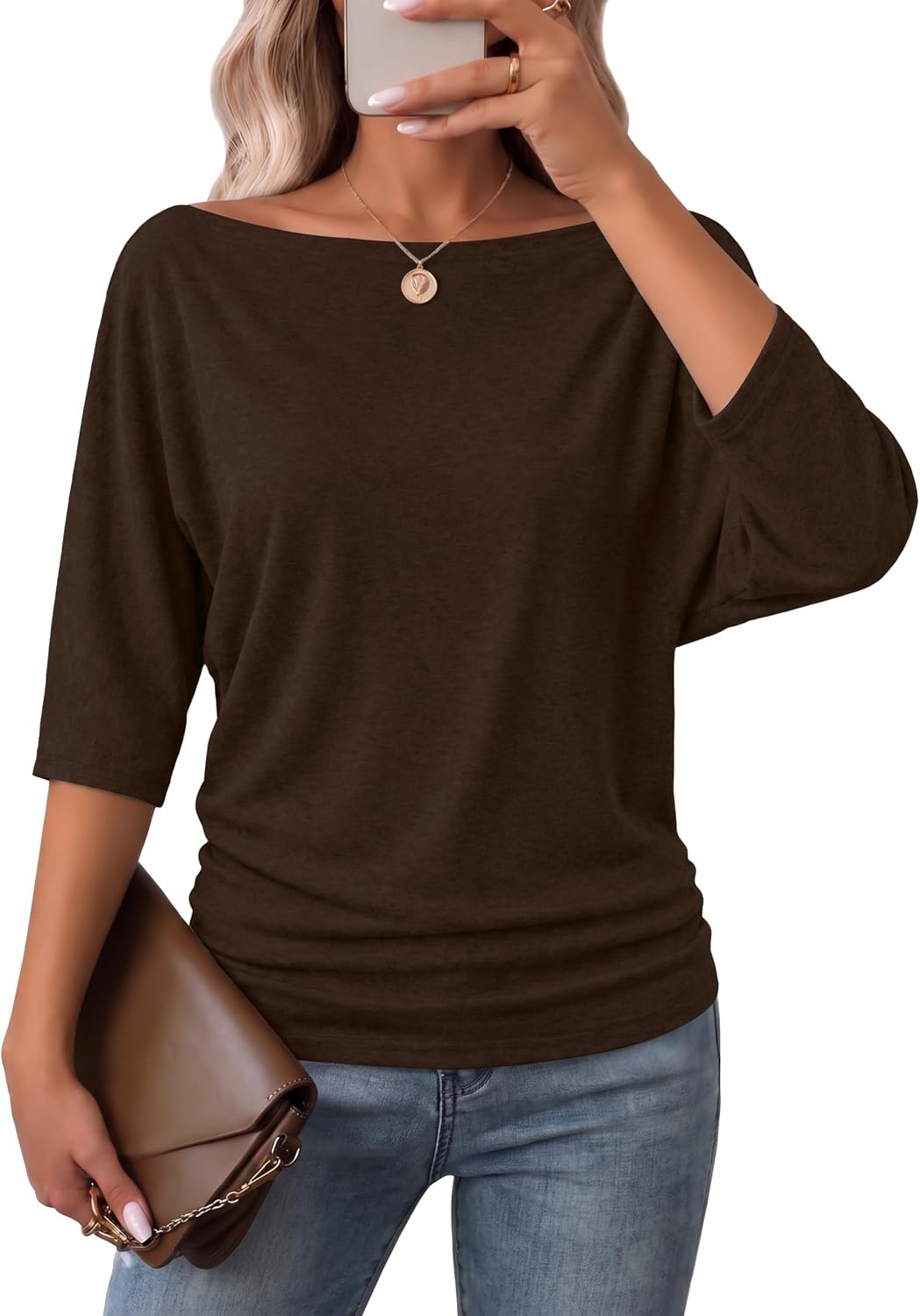 image:imageWIHOLL Womens Off the Shoulder Sweater Boat Neck 34 Sleeve Pullover Knit TopsCoffee