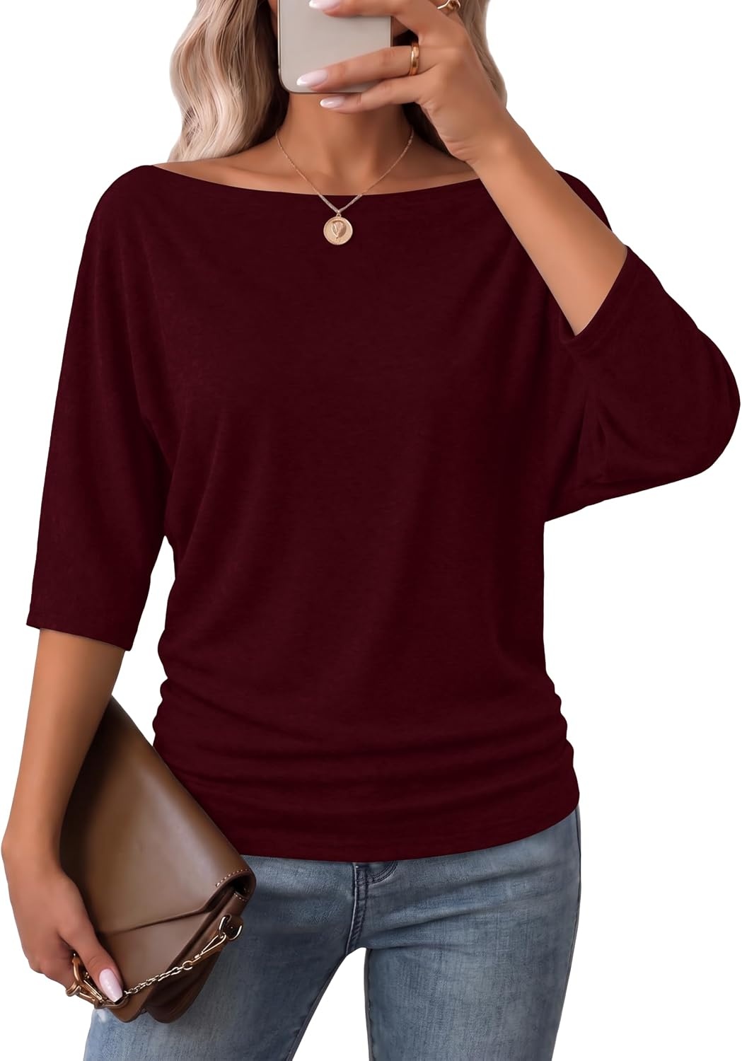 image:imageWIHOLL Womens Off the Shoulder Sweater Boat Neck 34 Sleeve Pullover Knit TopsPurplewine