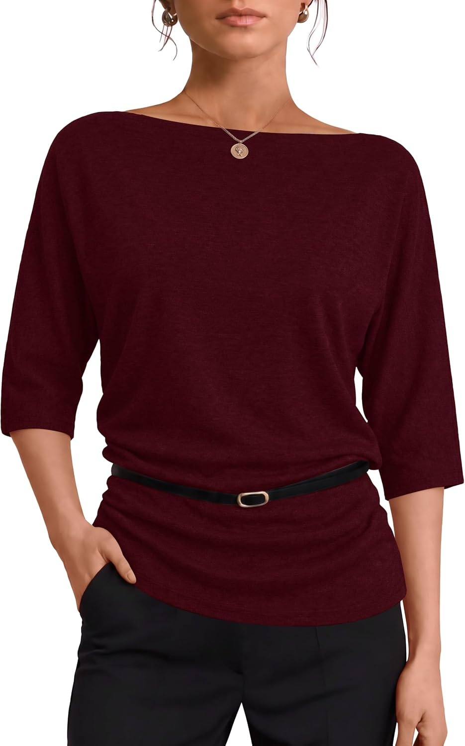 image:imageWIHOLL Womens Off the Shoulder Sweater Boat Neck 34 Sleeve Pullover Knit TopsPurplewine