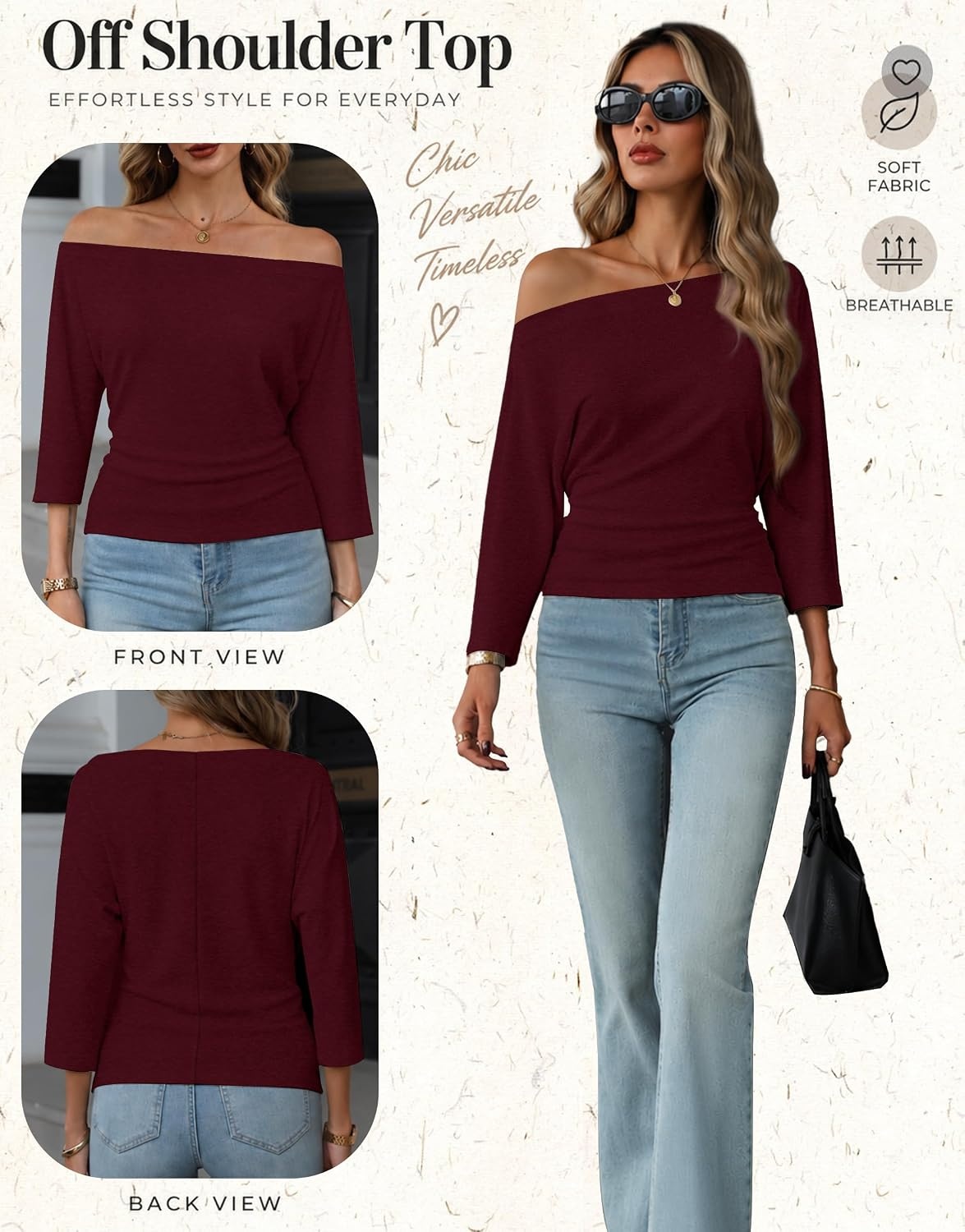 image:imageWIHOLL Womens Off the Shoulder Sweater Boat Neck 34 Sleeve Pullover Knit TopsPurplewine