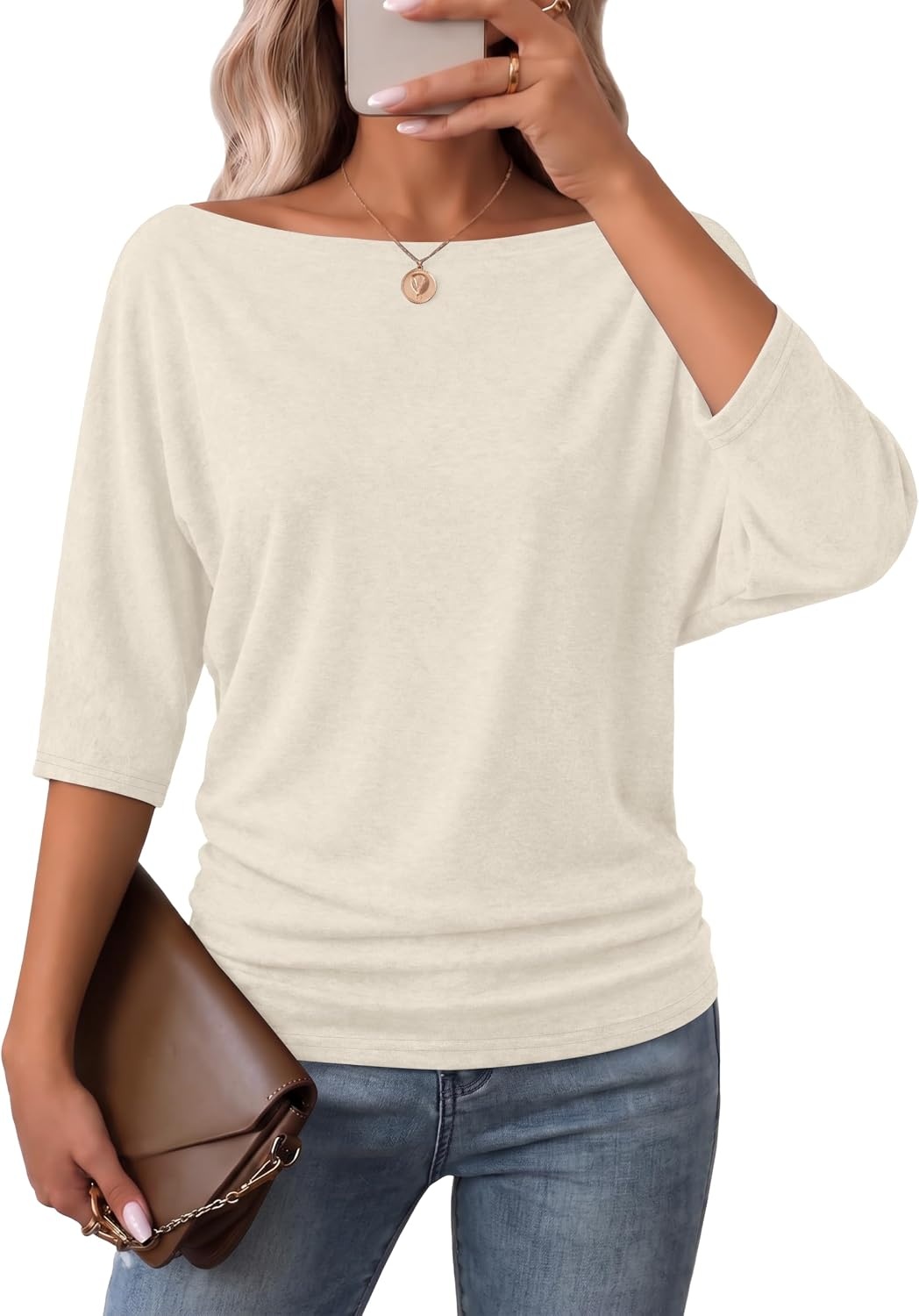 image:imageWIHOLL Womens Off the Shoulder Sweater Boat Neck 34 Sleeve Pullover Knit TopsWhite