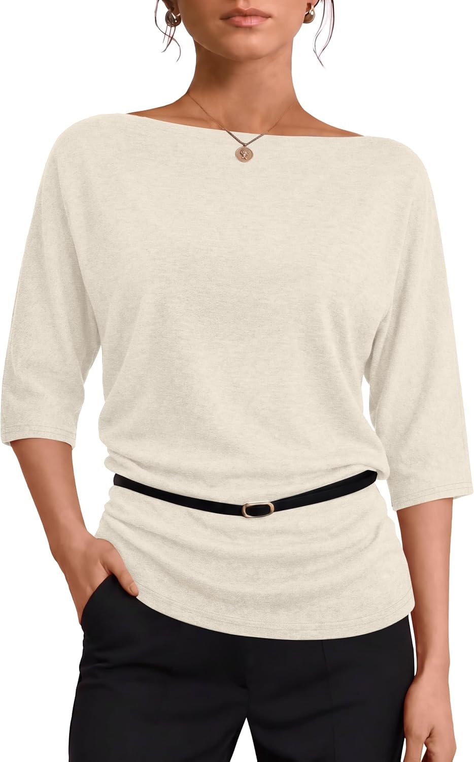 image:imageWIHOLL Womens Off the Shoulder Sweater Boat Neck 34 Sleeve Pullover Knit TopsWhite