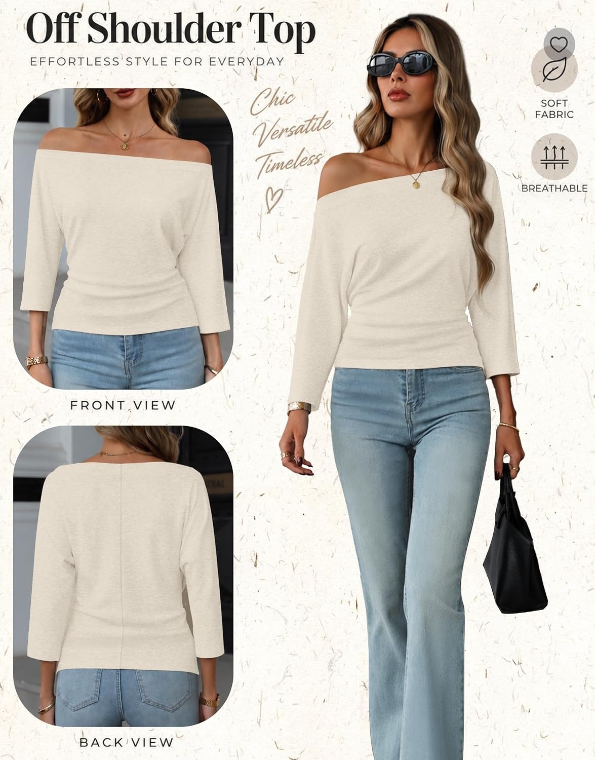 image:imageWIHOLL Womens Off the Shoulder Sweater Boat Neck 34 Sleeve Pullover Knit TopsWhite