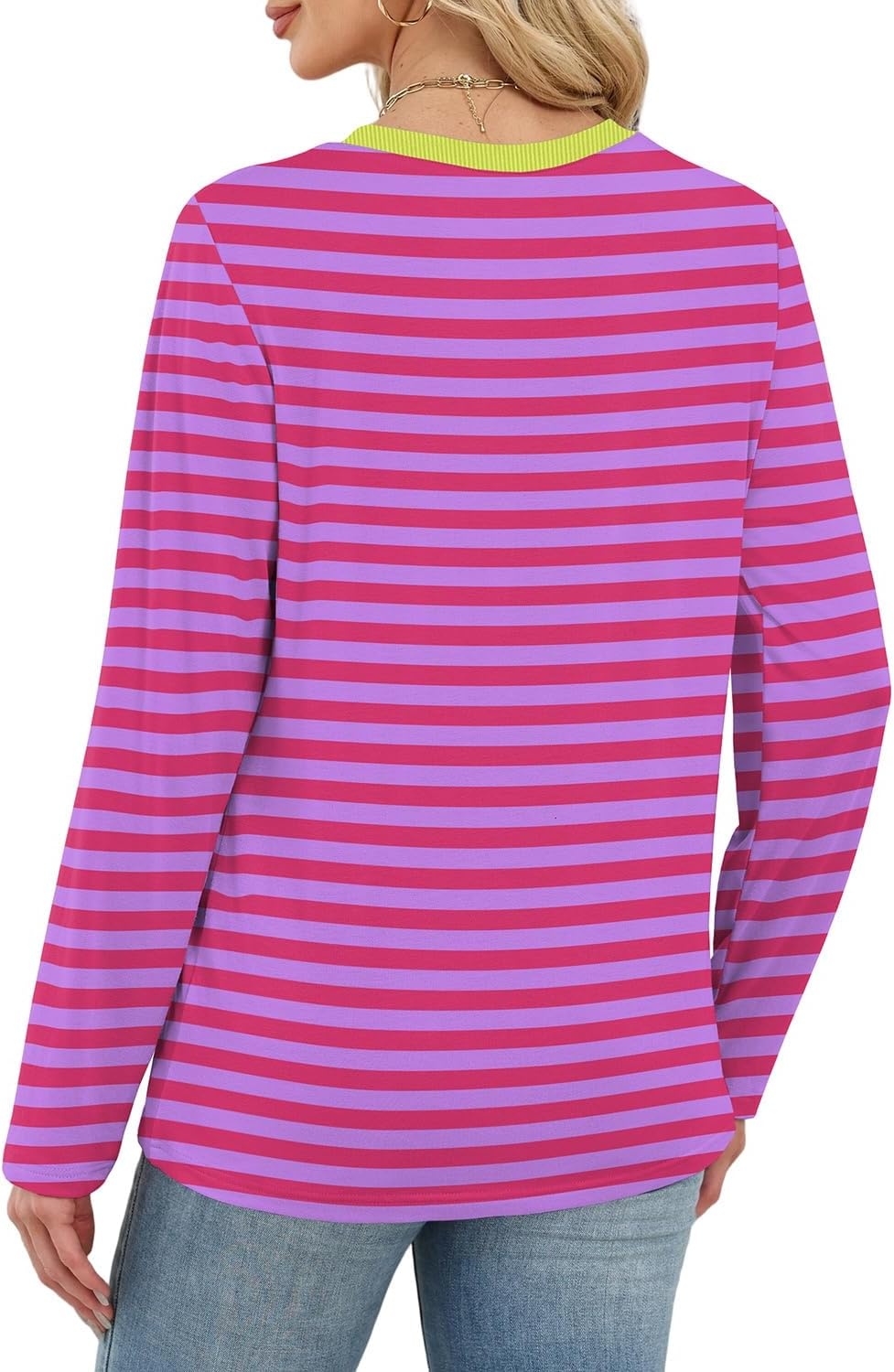 image:imageWIHOLL Womens Striped Long Sleeve Shirts Fall Outfits 2026 Color Block Tops Fashion Clothing Ribbed Crewneck Tee BlousesBhot Pink