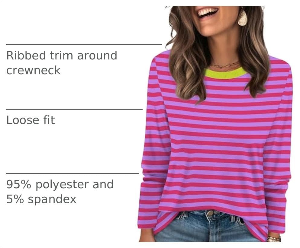image:imageWIHOLL Womens Striped Long Sleeve Shirts Fall Outfits 2026 Color Block Tops Fashion Clothing Ribbed Crewneck Tee BlousesBhot Pink