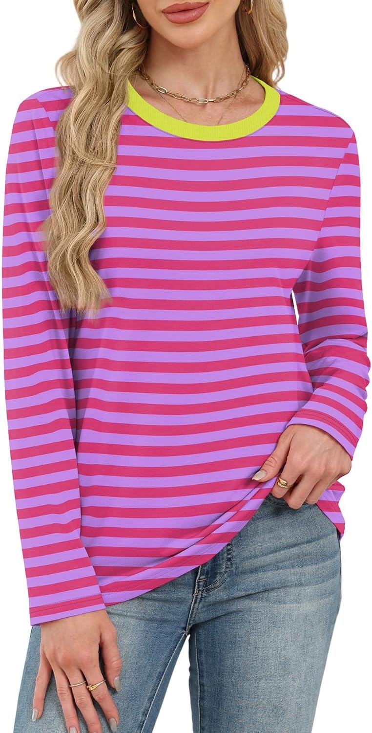 image:imageWIHOLL Womens Striped Long Sleeve Shirts Fall Outfits 2026 Color Block Tops Fashion Clothing Ribbed Crewneck Tee BlousesBhot Pink