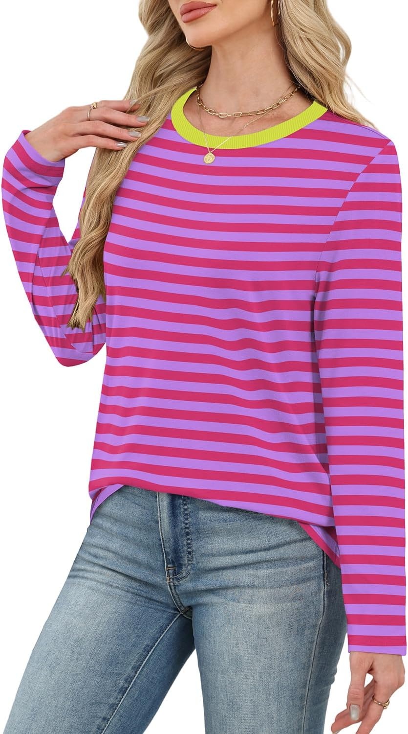 image:imageWIHOLL Womens Striped Long Sleeve Shirts Fall Outfits 2026 Color Block Tops Fashion Clothing Ribbed Crewneck Tee BlousesBhot Pink