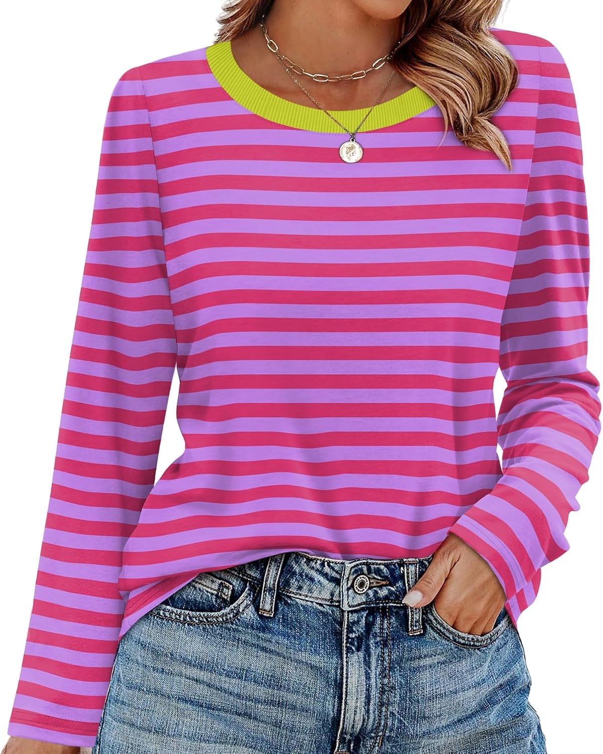 image:imageWIHOLL Womens Striped Long Sleeve Shirts Fall Outfits 2026 Color Block Tops Fashion Clothing Ribbed Crewneck Tee BlousesBhot Pink