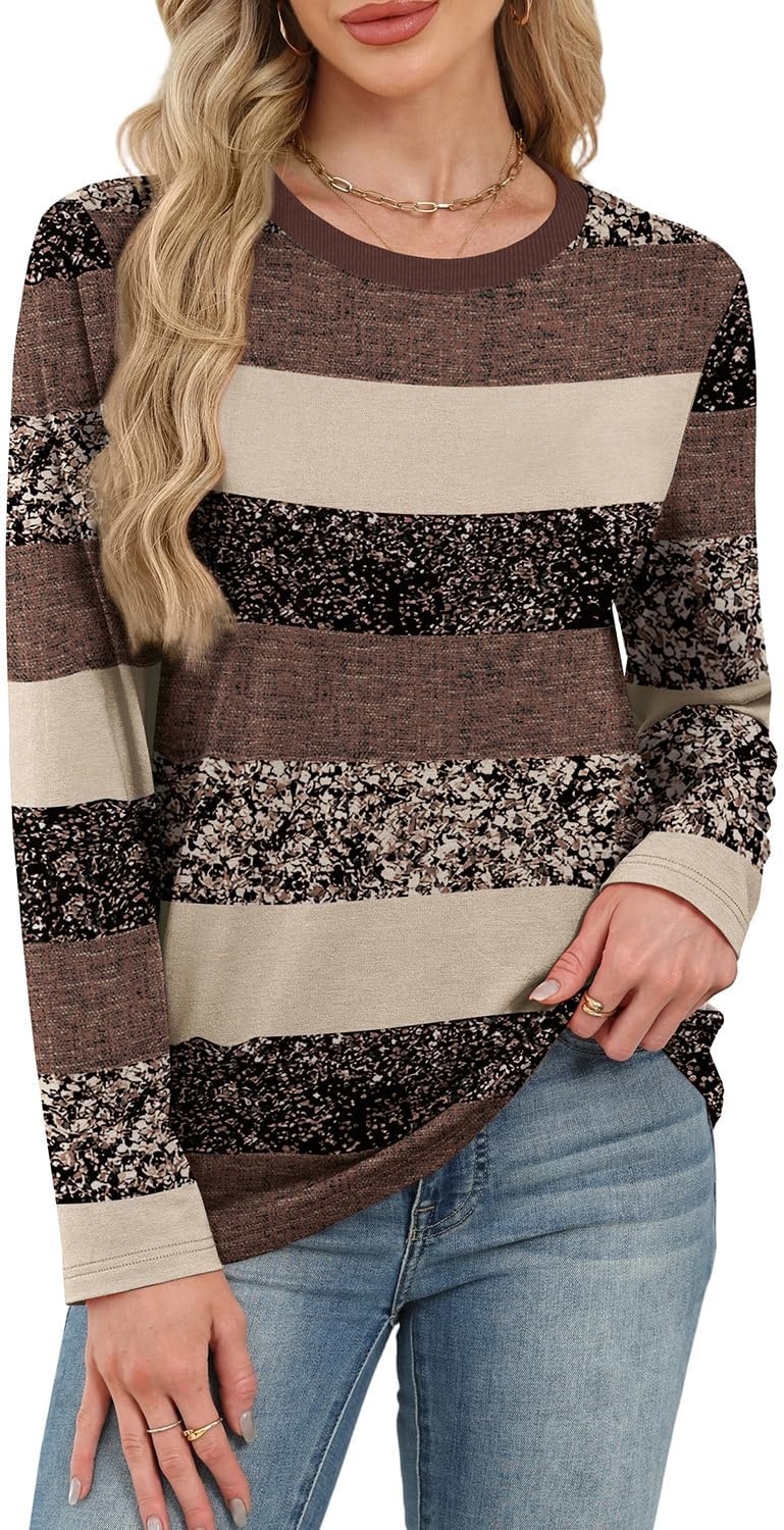 image:imageWIHOLL Womens Striped Long Sleeve Shirts Fall Outfits 2026 Color Block Tops Fashion Clothing Ribbed Crewneck Tee BlousesFborwn Striped