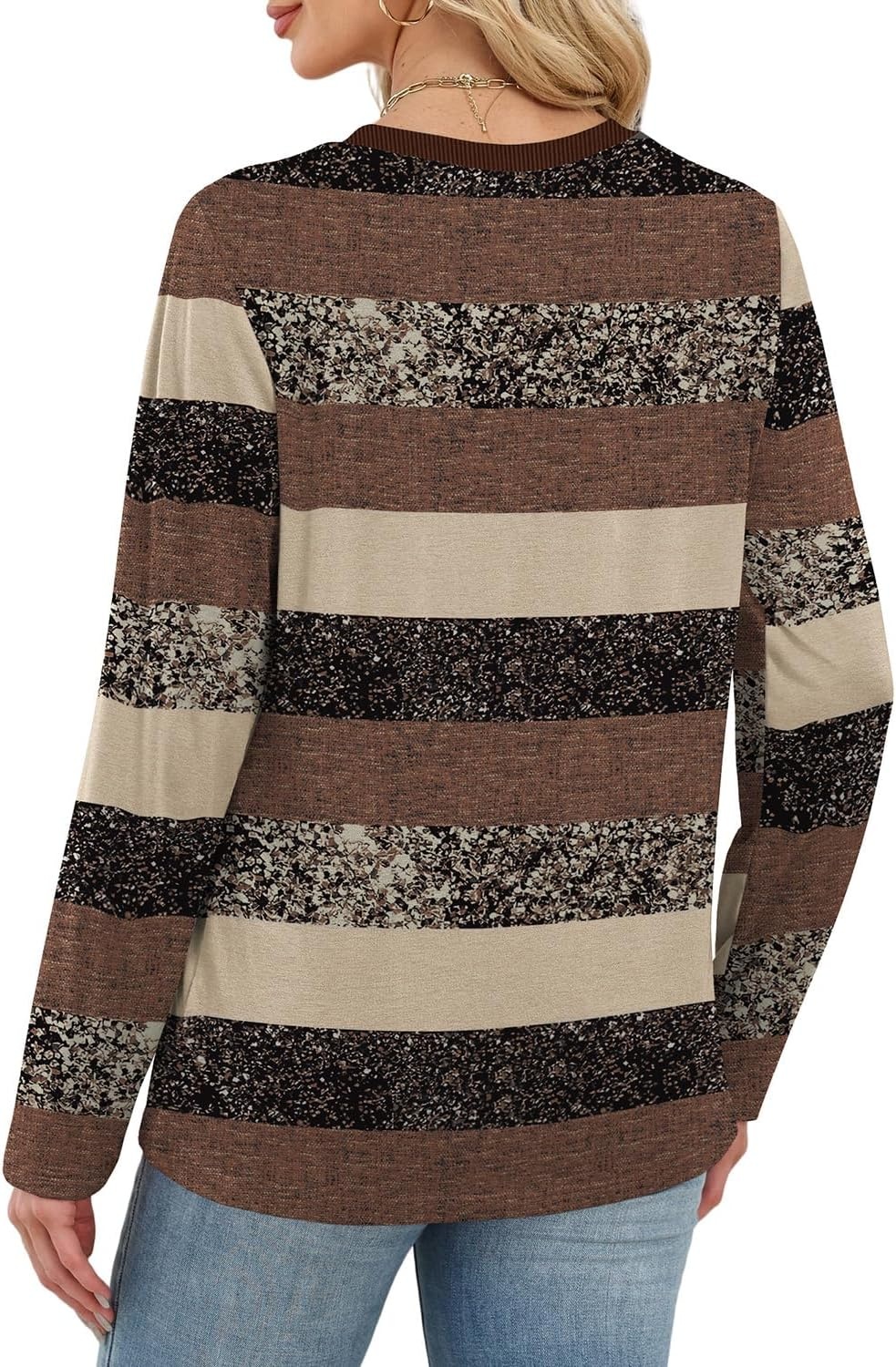 image:imageWIHOLL Womens Striped Long Sleeve Shirts Fall Outfits 2026 Color Block Tops Fashion Clothing Ribbed Crewneck Tee BlousesFborwn Striped