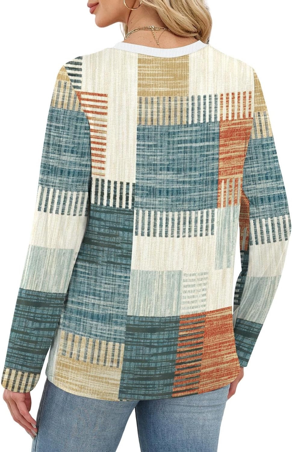 image:imageWIHOLL Womens Striped Long Sleeve Shirts Fall Outfits 2026 Color Block Tops Fashion Clothing Ribbed Crewneck Tee BlousesGorange and Blue Plaid