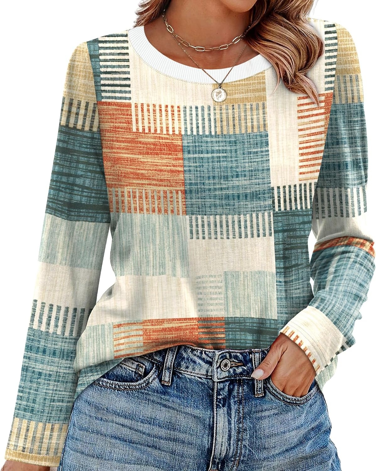image:imageWIHOLL Womens Striped Long Sleeve Shirts Fall Outfits 2026 Color Block Tops Fashion Clothing Ribbed Crewneck Tee BlousesGorange and Blue Plaid