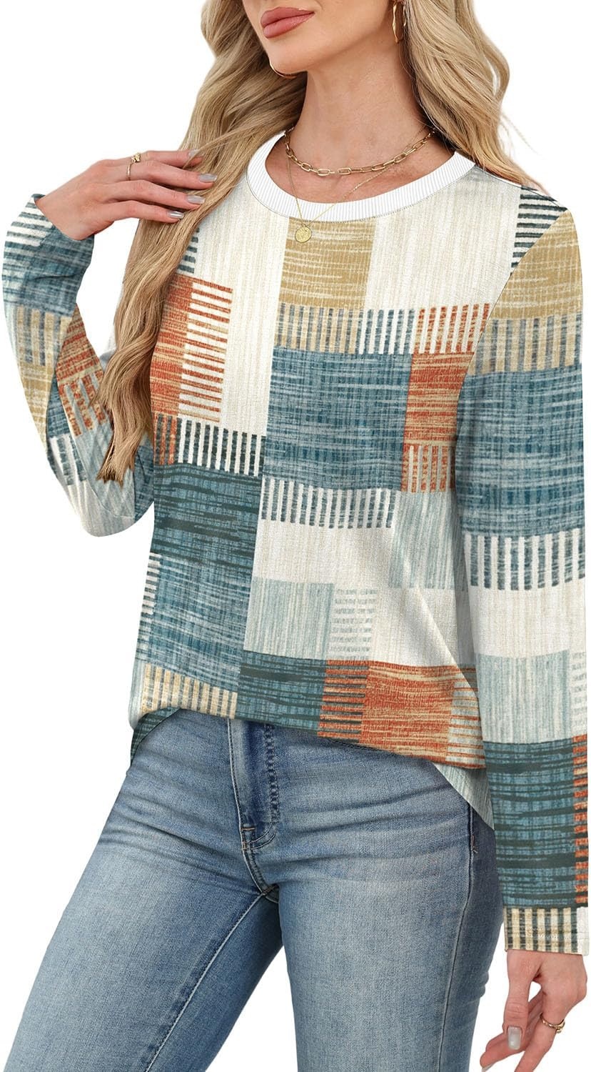 image:imageWIHOLL Womens Striped Long Sleeve Shirts Fall Outfits 2026 Color Block Tops Fashion Clothing Ribbed Crewneck Tee BlousesGorange and Blue Plaid