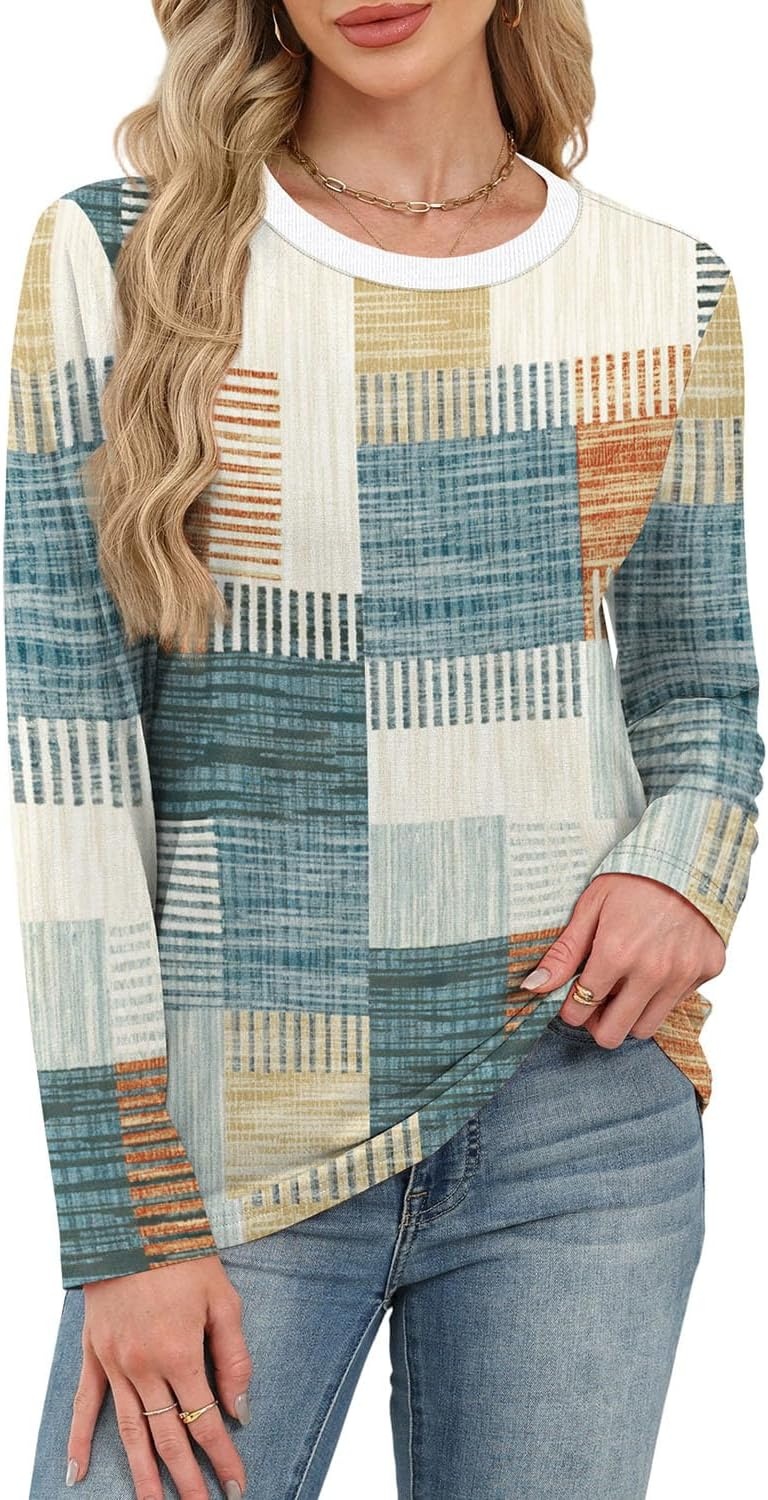 image:imageWIHOLL Womens Striped Long Sleeve Shirts Fall Outfits 2026 Color Block Tops Fashion Clothing Ribbed Crewneck Tee BlousesGorange and Blue Plaid