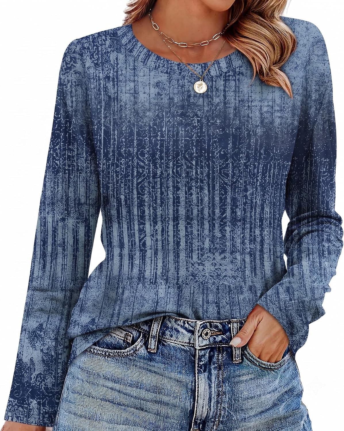 image:imageWIHOLL Womens Striped Long Sleeve Shirts Fall Outfits 2026 Color Block Tops Fashion Clothing Ribbed Crewneck Tee BlousesHboho Navy