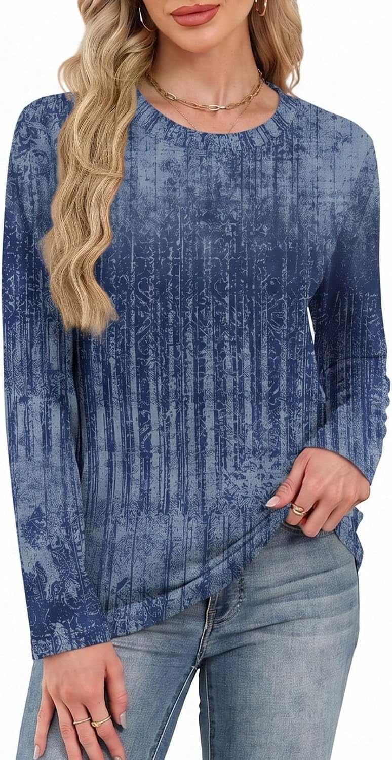image:imageWIHOLL Womens Striped Long Sleeve Shirts Fall Outfits 2026 Color Block Tops Fashion Clothing Ribbed Crewneck Tee BlousesHboho Navy