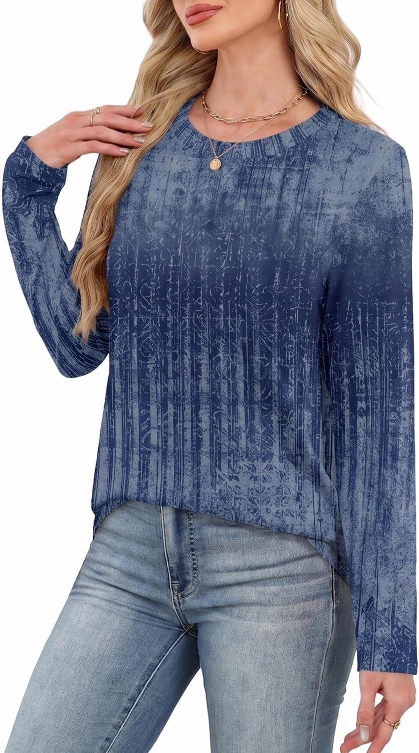 image:imageWIHOLL Womens Striped Long Sleeve Shirts Fall Outfits 2026 Color Block Tops Fashion Clothing Ribbed Crewneck Tee BlousesHboho Navy