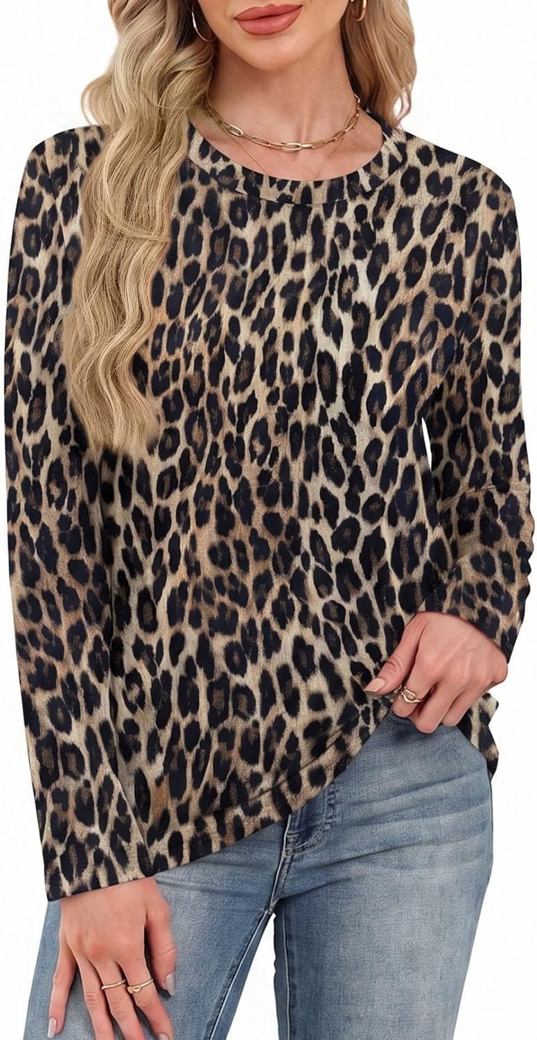 image:imageWIHOLL Womens Striped Long Sleeve Shirts Fall Outfits 2026 Color Block Tops Fashion Clothing Ribbed Crewneck Tee BlousesHleopard