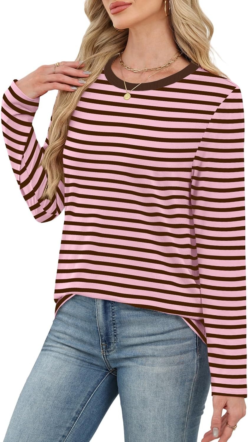 image:imageWIHOLL Womens Striped Long Sleeve Shirts Fall Outfits 2026 Color Block Tops Fashion Clothing Ribbed Crewneck Tee BlousesHrusty Rose Stripe